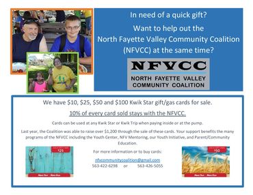 Flyer for North Fayette Valley Community Coalition selling Kwik Star gift cards; includes photos of kids and contact info.