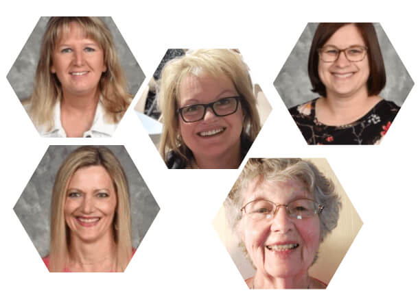 Five smiling women in hexagon frames against gray or light backgrounds, arranged in a group layout.