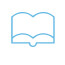 Simple blue outline icon of an open book on a white background.